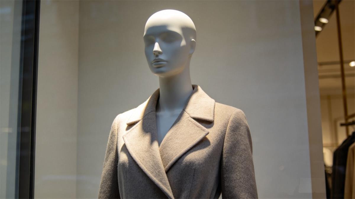 Still mannequin pose showing the silhouette of a structured wool coat Still mannequin pose showing the silhouette of a structured wool coat