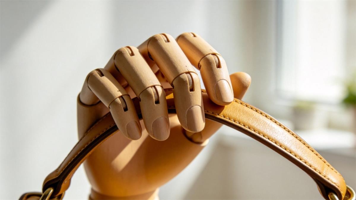 Articulated mannequin fingers holding a handbag strap to display an accessory Articulated mannequin fingers holding a handbag strap to display an accessory