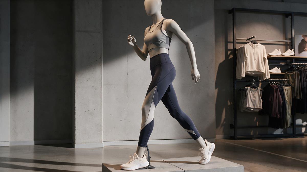 Athleisure mannequin in a dynamic walking pose showing garment movement Athleisure mannequin in a dynamic walking pose showing garment movement