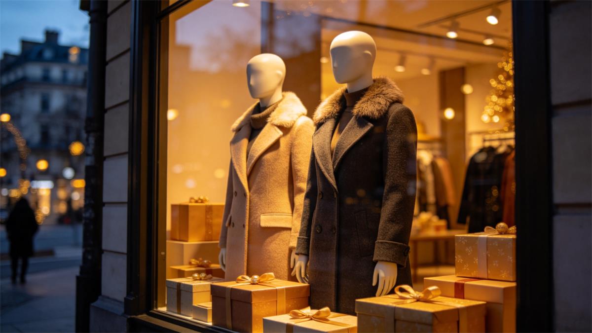 Christmas window display ideas in a boutique window at dusk Christmas window display ideas in a boutique window at dusk