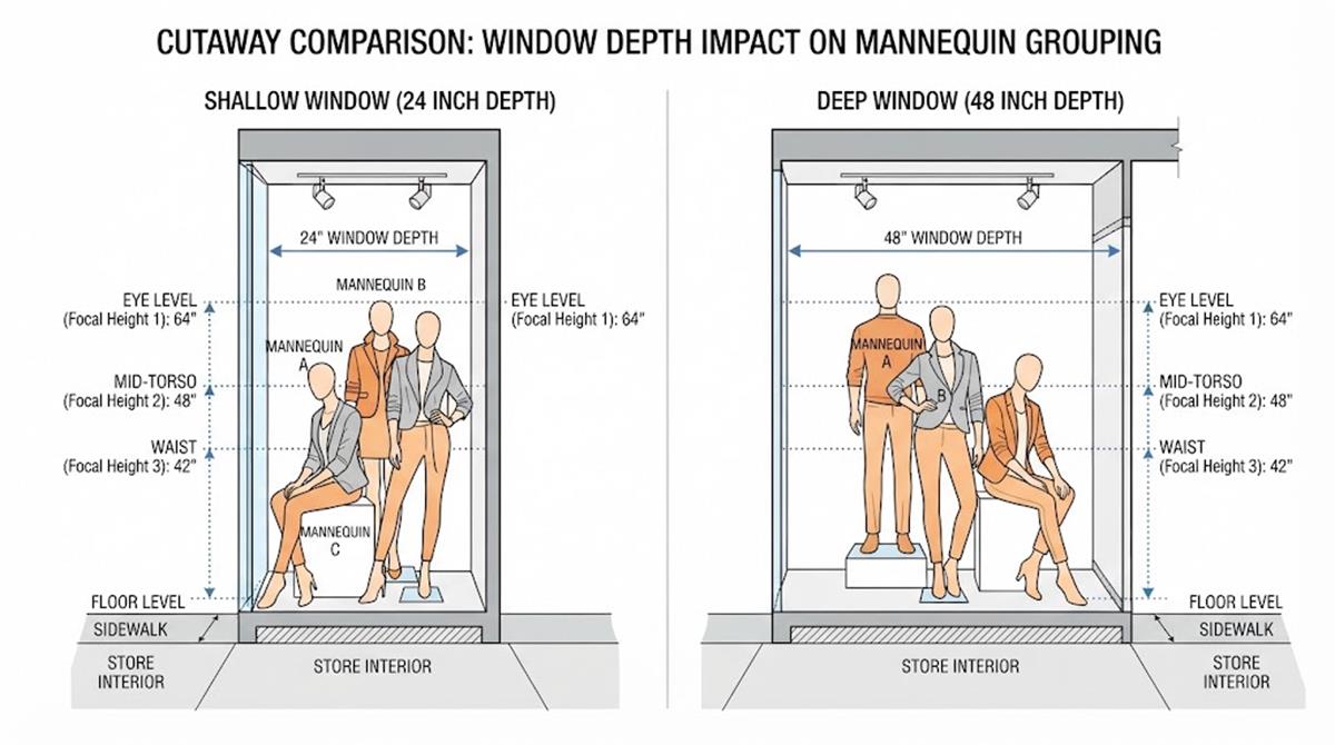Window depth layout comparison for Christmas displays