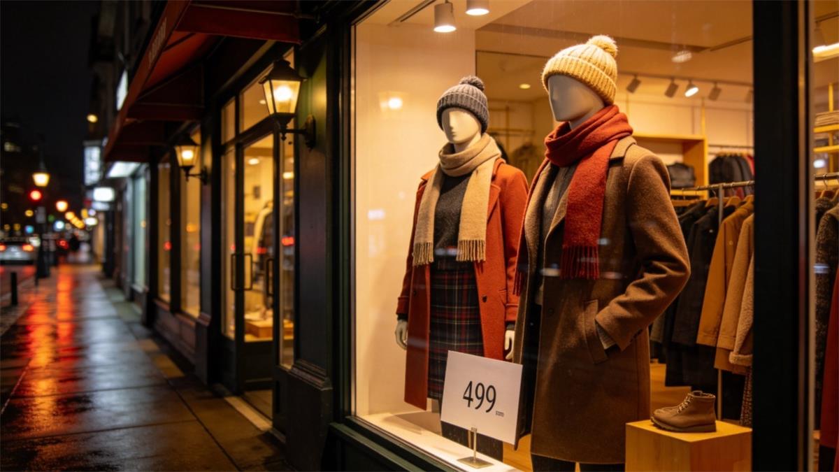 Black Friday visual merchandising in a boutique window at night
