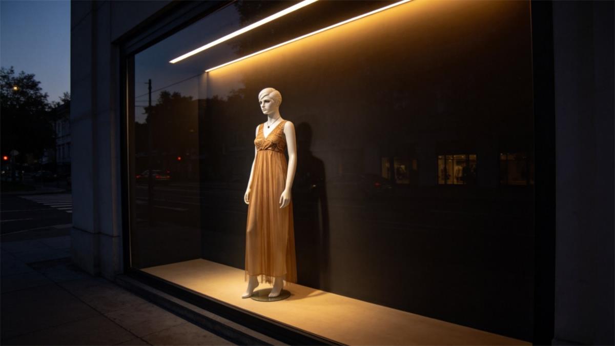Window display lighting on a dressed female mannequin in a boutique storefront at dusk Window display lighting on a dressed female mannequin in a boutique storefront at dusk