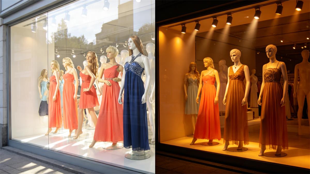 Daytime and evening window display lighting settings compared Daytime and evening window display lighting settings compared