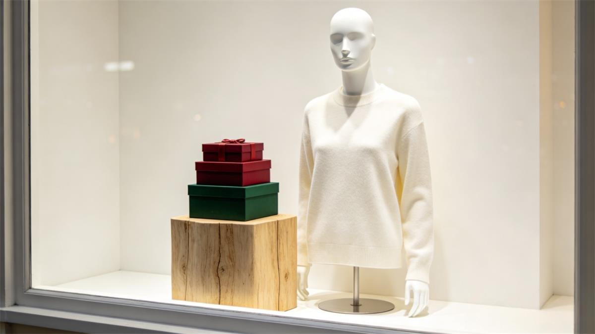 Holiday window display colors using an off-white base with one saturated accent Holiday window display colors using an off-white base with one saturated accent