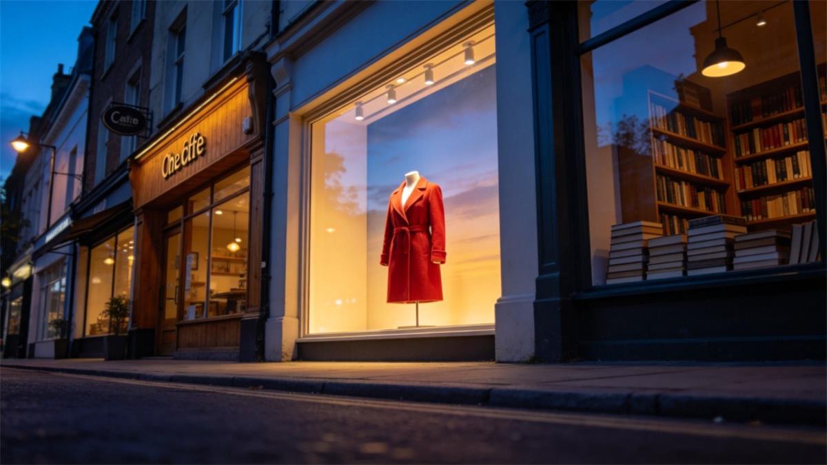 Checking window display colors from the pavement at dusk to confirm the focal point reads Checking window display colors from the pavement at dusk to confirm the focal point reads