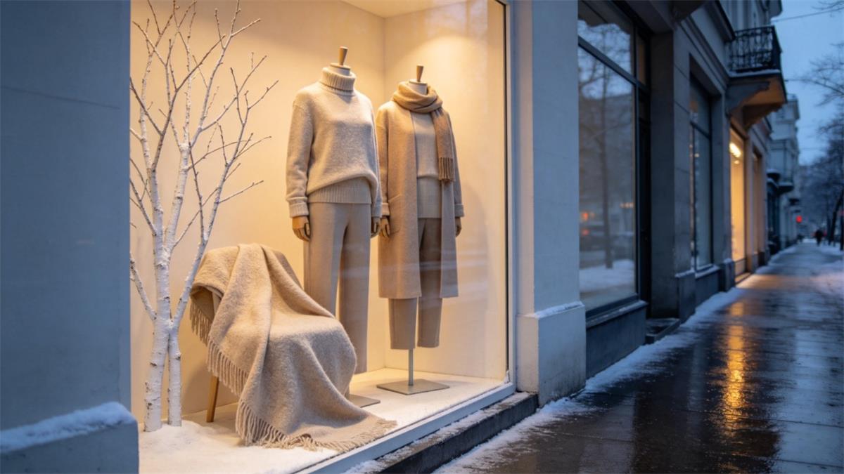 Winter window display ideas showing two styled mannequins behind a frosted boutique window Winter window display ideas showing two styled mannequins behind a frosted boutique window