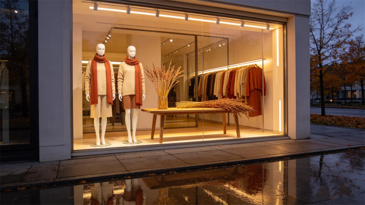 Thanksgiving window display ideas showing two styled mannequins in layered outfits behind a warm boutique window Thanksgiving window display ideas showing two styled mannequins in layered outfits behind a warm boutique window