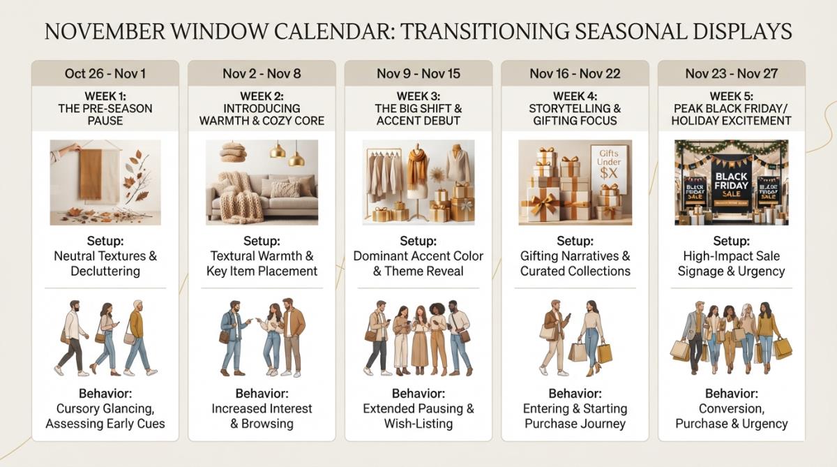 November window display calendar showing the Thanksgiving gap from Halloween to Black Friday November window display calendar showing the Thanksgiving gap from Halloween to Black Friday