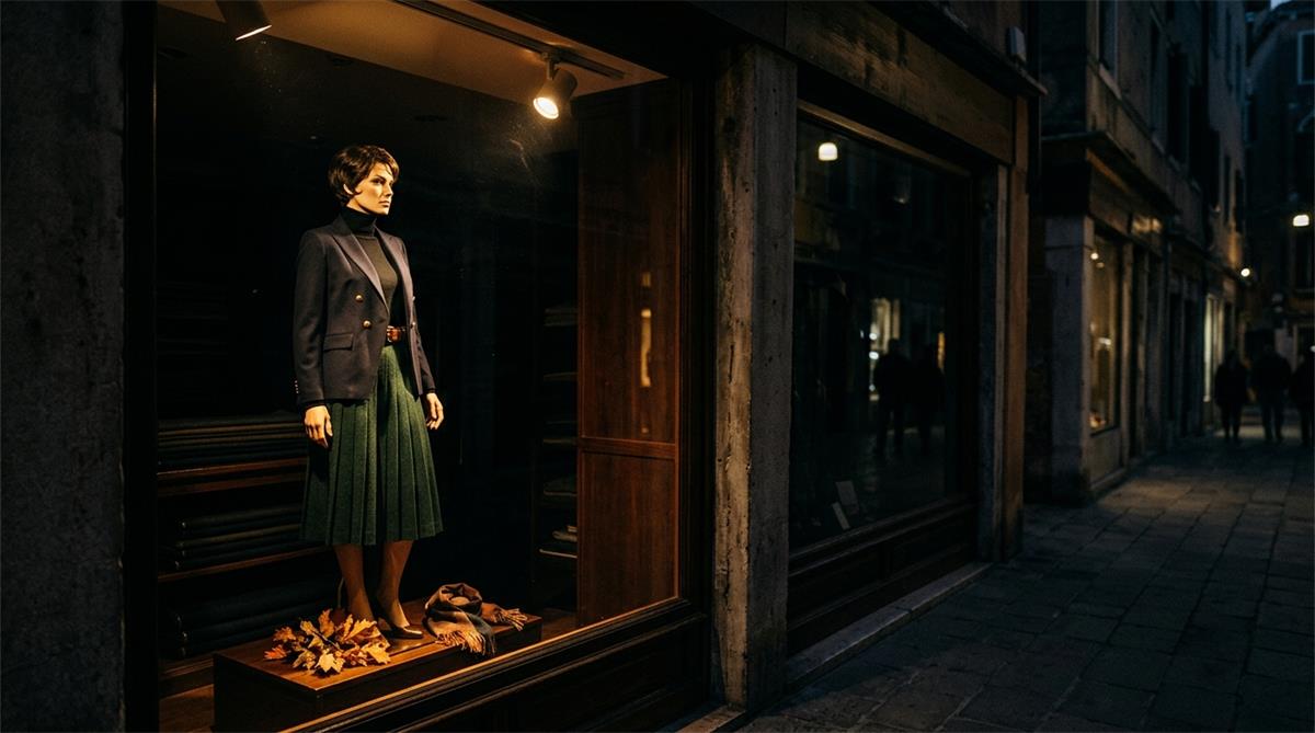 Holiday window display with one warm lit mannequin Holiday window display with one warm lit mannequin