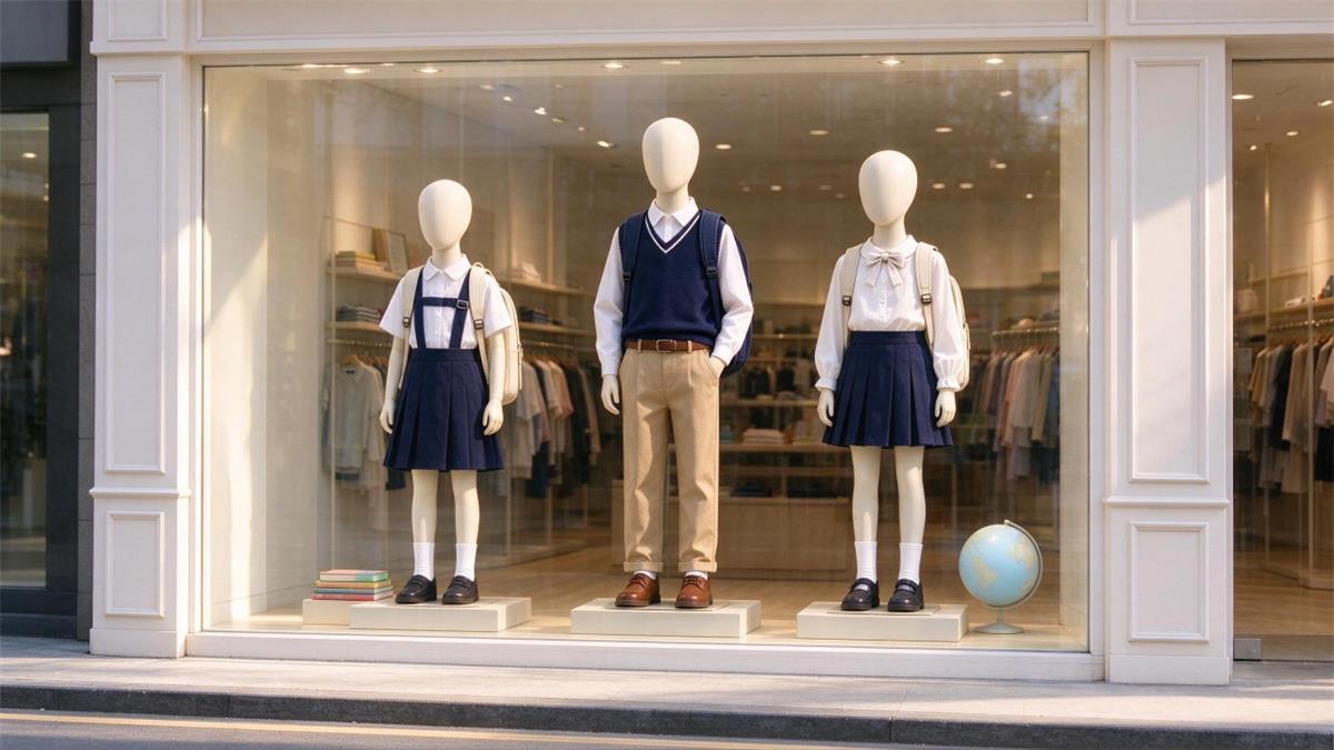 How to choose kids mannequins shown as three child display forms of different age bands styled in complete outfits inside a childrenswear store window How to choose kids mannequins shown as three child display forms of different age bands styled in complete outfits inside a childrenswear store window