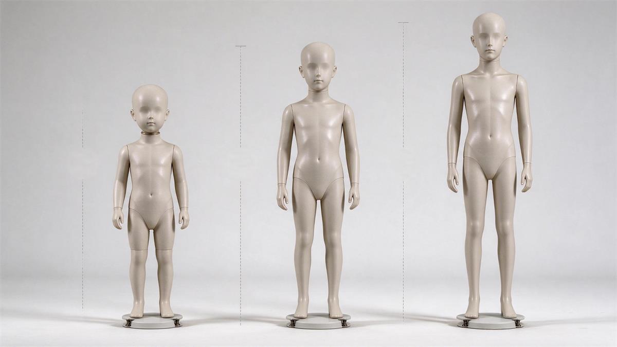 Child mannequin sizing bands from infant to pre-teen shown as three forms of different heights Child mannequin sizing bands from infant to pre-teen shown as three forms of different heights