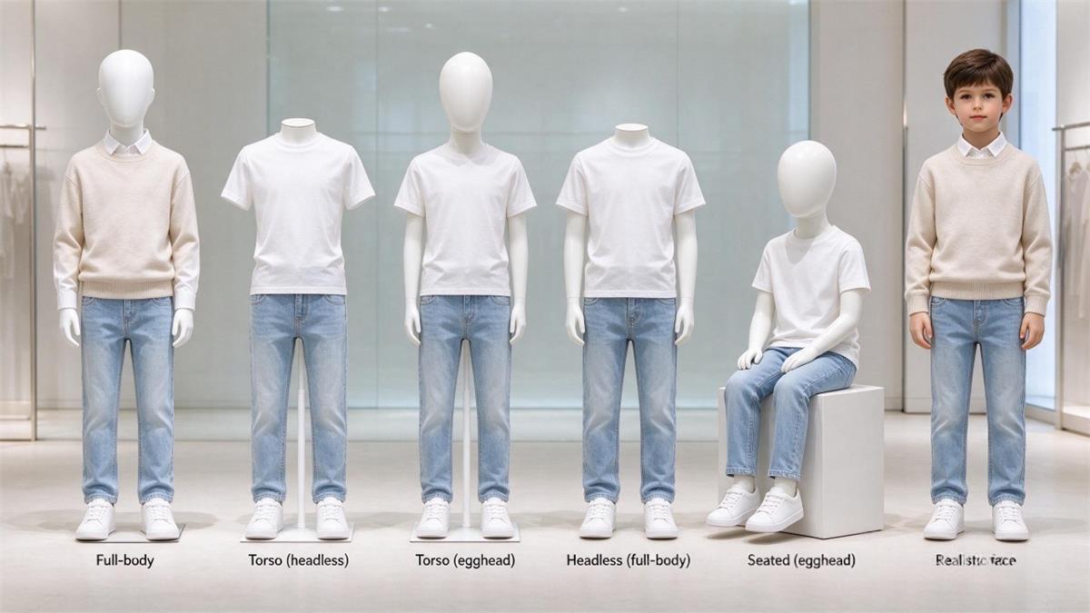 Child mannequin form types compared side by side for a childrenswear store floor Child mannequin form types compared side by side for a childrenswear store floor