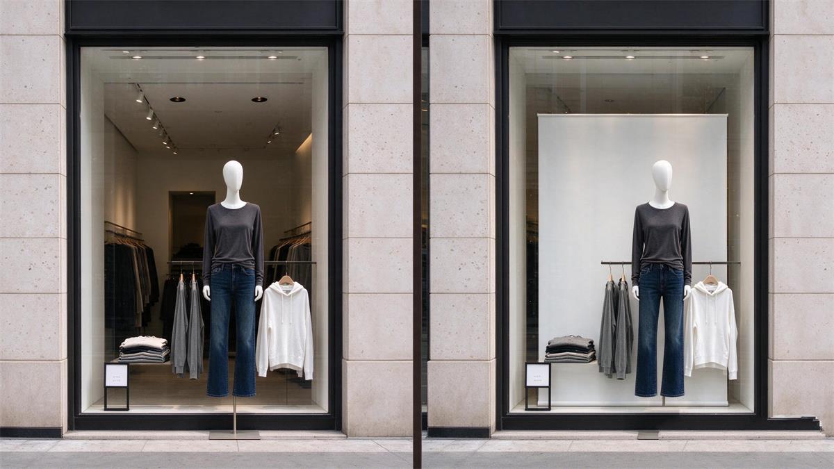 Open-back and closed-back window display comparison on the same storefront Open-back and closed-back window display comparison on the same storefront