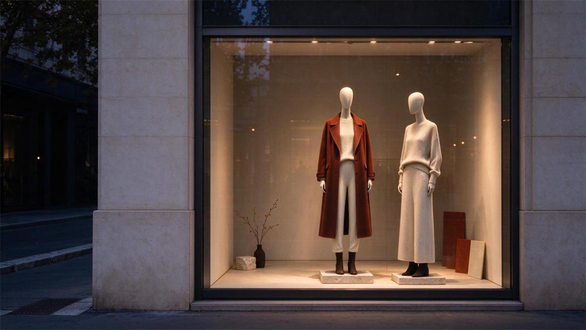 Window display ideas for a narrow boutique with two mannequins lit at dusk Window display ideas for a narrow boutique with two mannequins lit at dusk