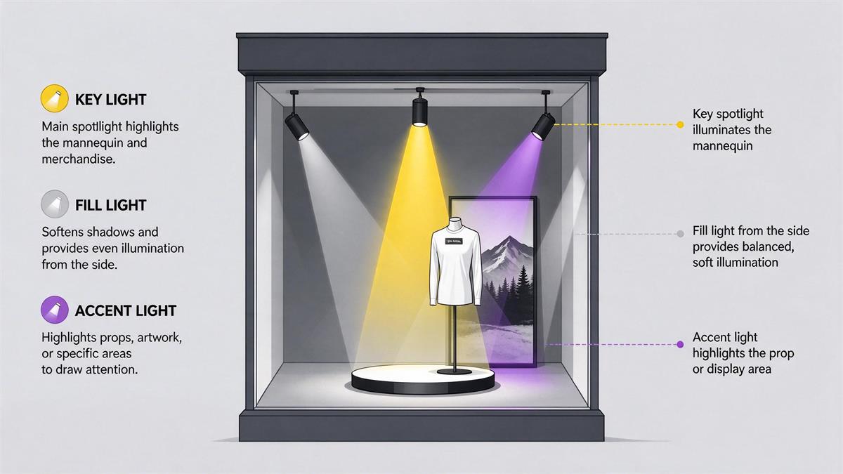 Three-layer lighting setup for a retail window display Three-layer lighting setup for a retail window display