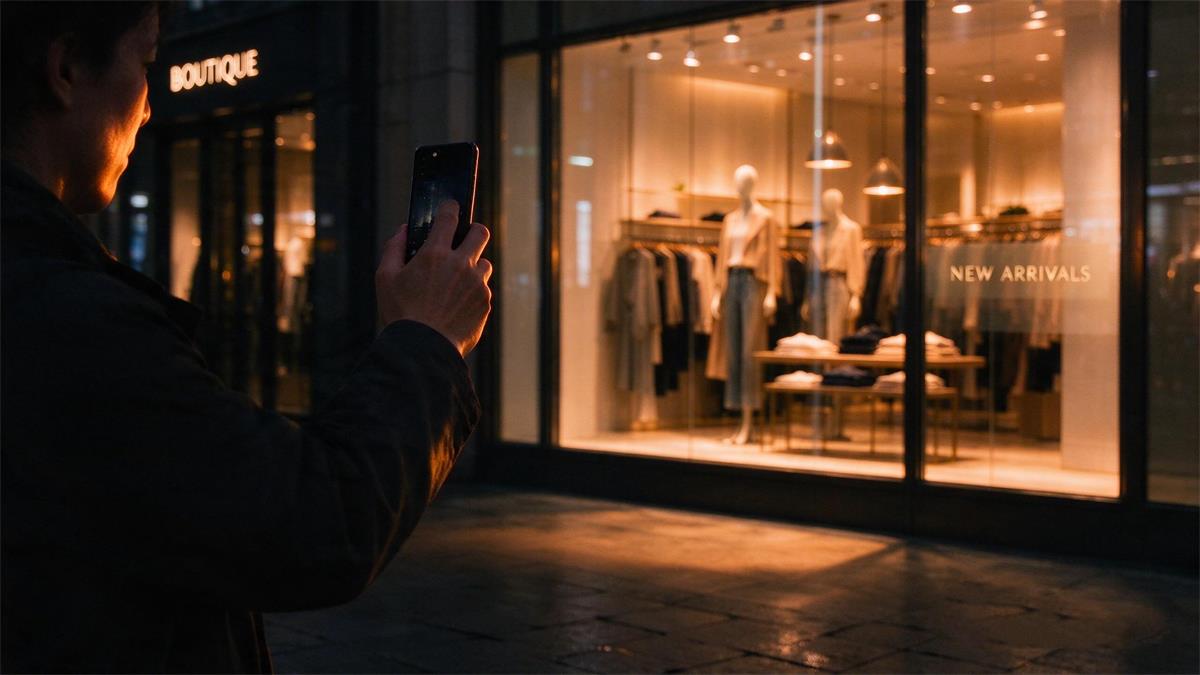 Shopper photographing a lit retail window display at night Shopper photographing a lit retail window display at night