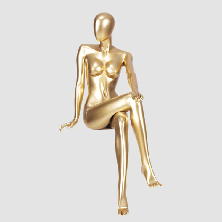 MNF-4 Sitting female glossy golden mannequin for dress display