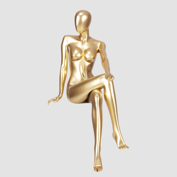 MNF-4 Sitting female glossy golden mannequin for dress display