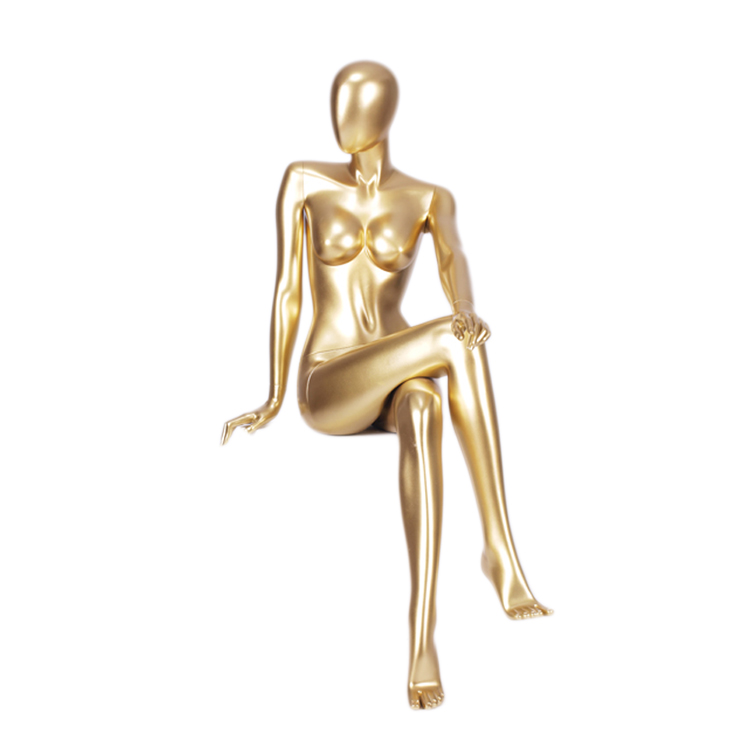 MNF-4 Sitting female glossy golden mannequin for dress display