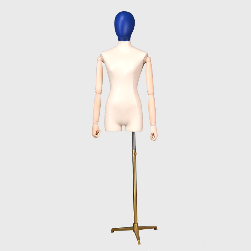 Half body dress form linen fabric mannequin with wooden arms for sale